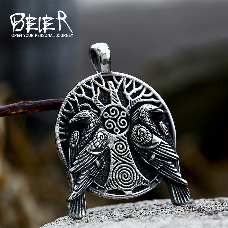 Beier Mythical Viking Odin Raven Stainless Steel Pendant, Vintage Titanium Steel Necklace for Men and Women
