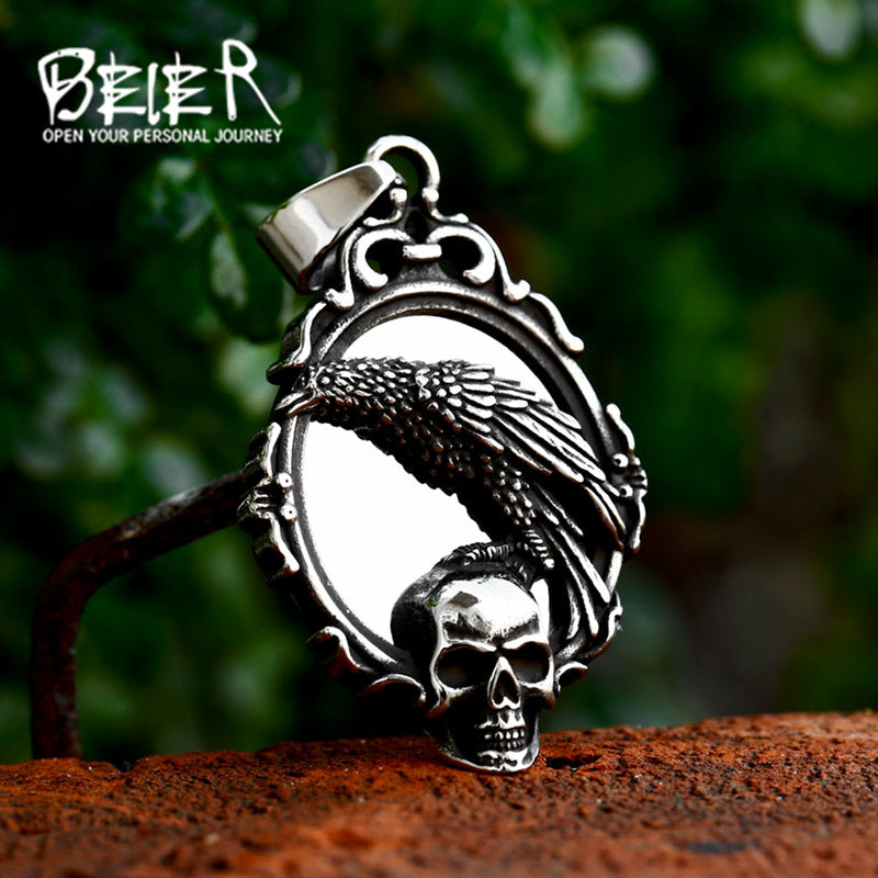 Vintage Stainless Steel Magic Mirror Skeleton Pendant Wholesale Titanium Steel Crow Necklace Accessories