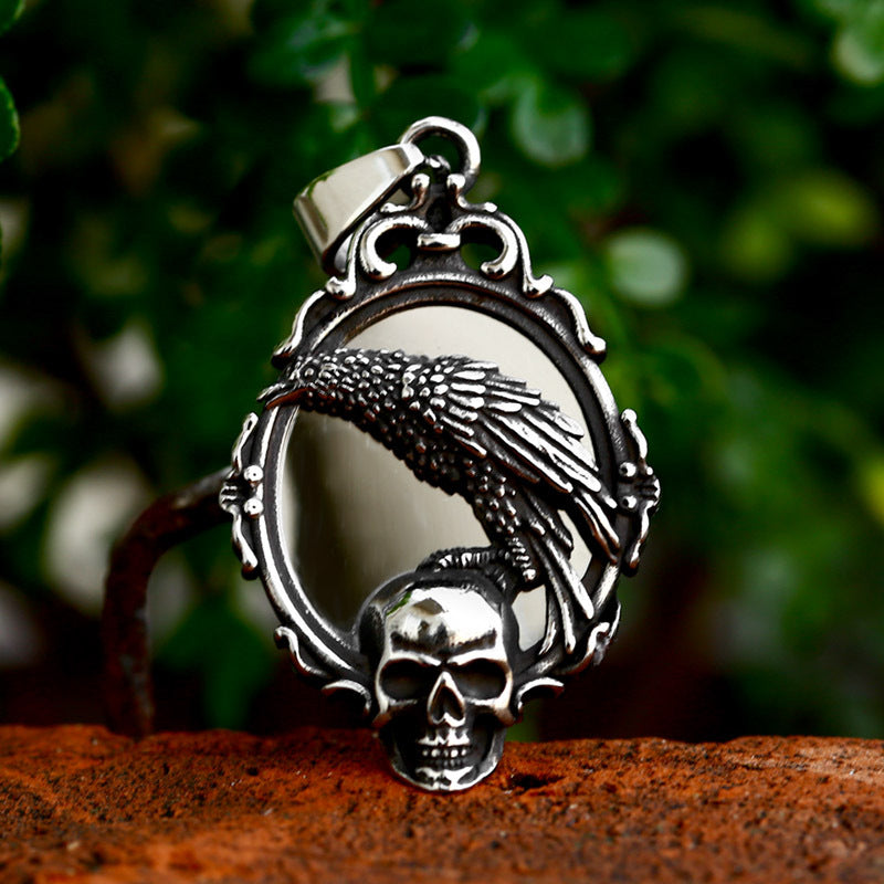 Vintage Stainless Steel Magic Mirror Skeleton Pendant Wholesale Titanium Steel Crow Necklace Accessories
