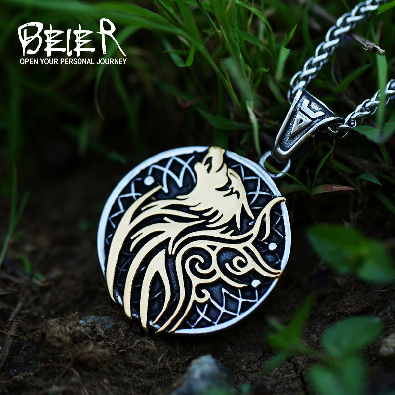 New Viking Letter Triangle Symbol Stainless Steel Pendant with Personalized Wolf Head Titanium Steel Pendant