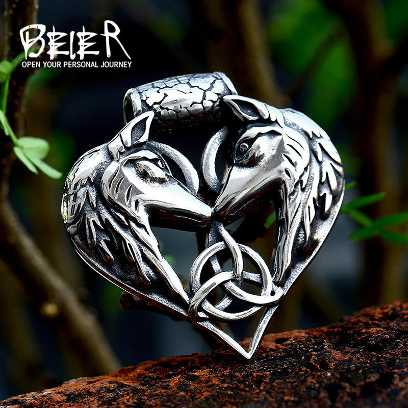 Viking Celtic Knot Stainless Steel New Pendant Double Wolf Head Titanium Steel Pendant