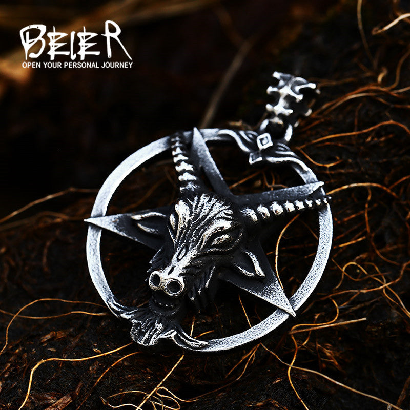 Retro Satan Pentagram Stainless Steel Pendant Punk Style Sheep Head Titanium Steel Men's Necklace Pendant