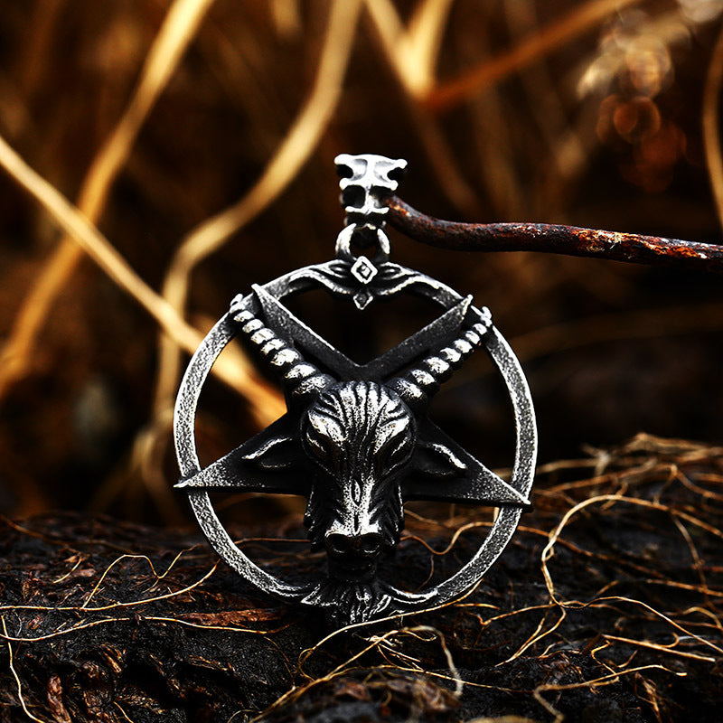 Retro Satan Pentagram Stainless Steel Pendant Punk Style Sheep Head Titanium Steel Men's Necklace Pendant