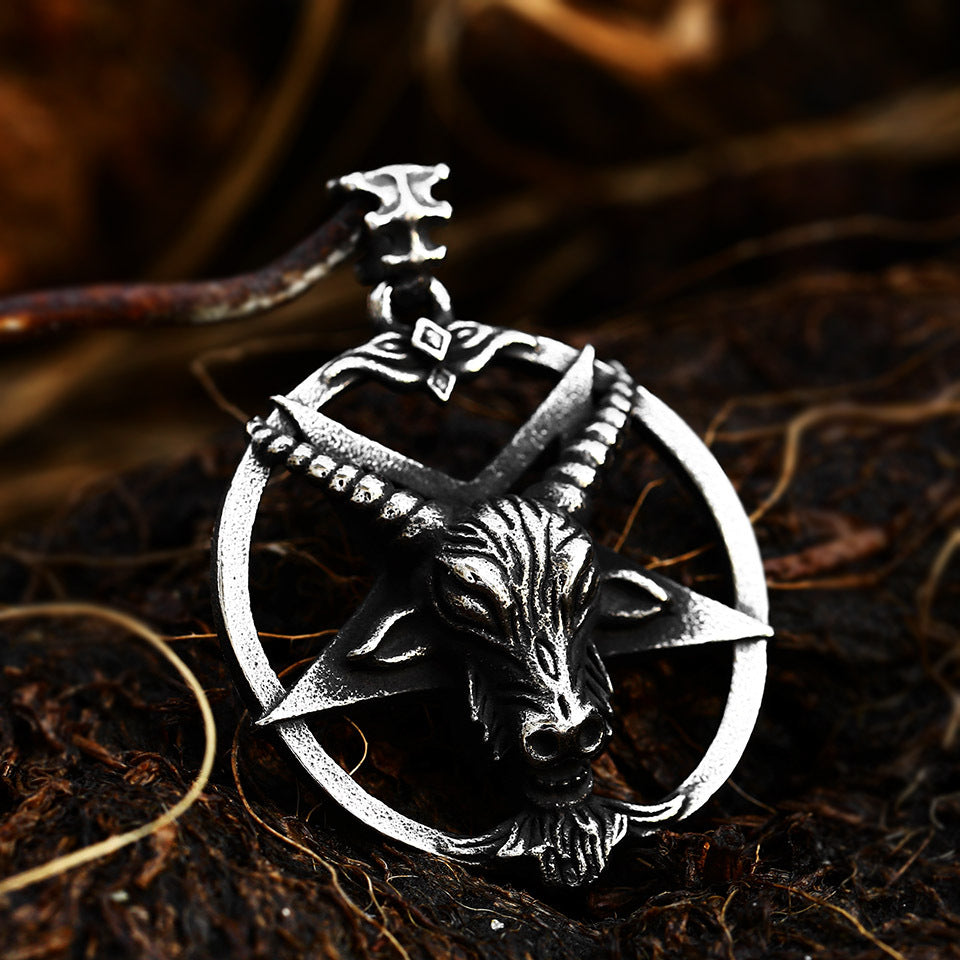 Retro Satan Pentagram Stainless Steel Pendant Punk Style Sheep Head Titanium Steel Men's Necklace Pendant