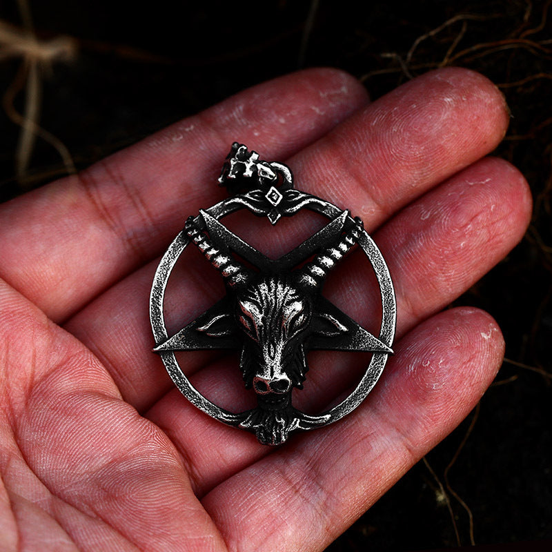 Retro Satan Pentagram Stainless Steel Pendant Punk Style Sheep Head Titanium Steel Men's Necklace Pendant