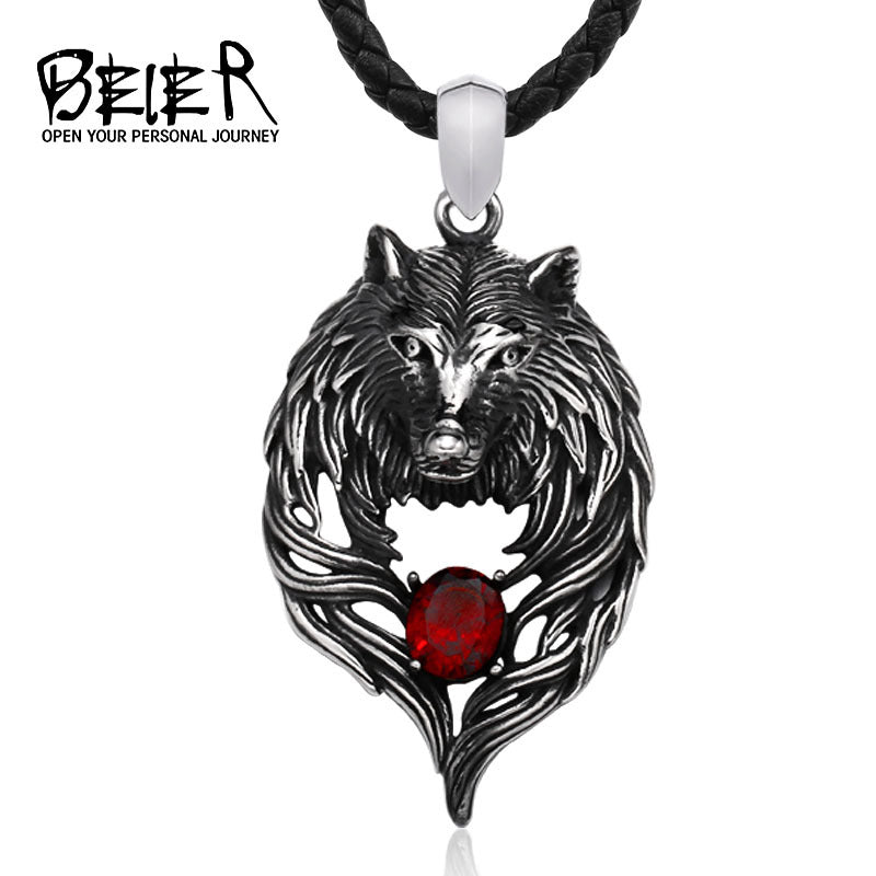 New Viking Totem Wolf Head Titanium Steel Pendant Animal Set with Gemstone Stainless Steel Xiang Jewelry