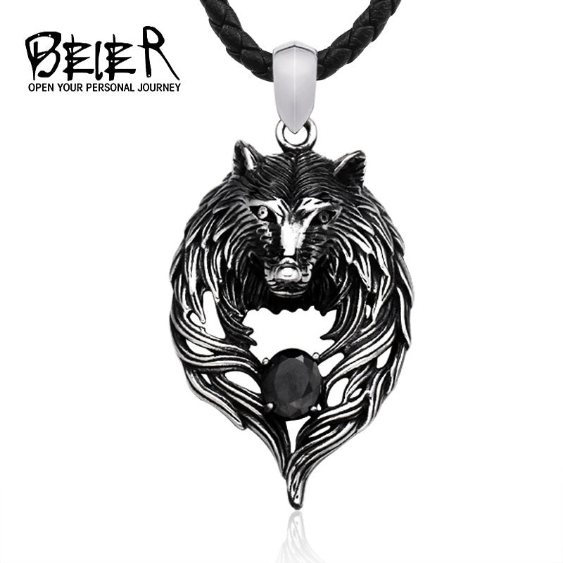 New Viking Totem Wolf Head Titanium Steel Pendant Animal Set with Gemstone Stainless Steel Xiang Jewelry