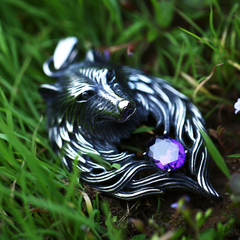 New Viking Totem Wolf Head Titanium Steel Pendant Animal Set with Gemstone Stainless Steel Xiang Jewelry