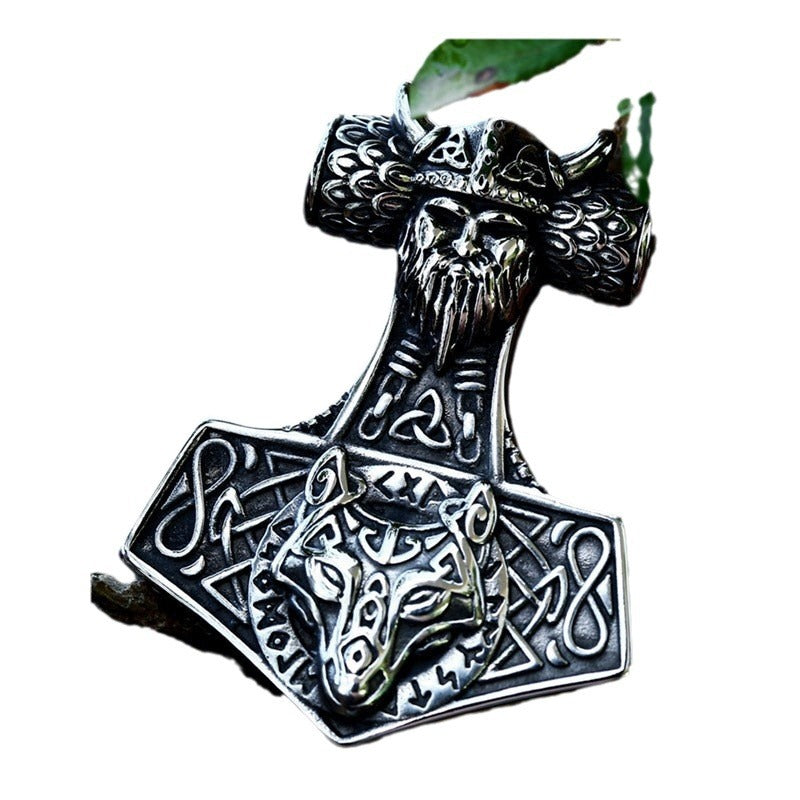 Viking Pirate Thor's Hammer Titanium Steel Retro Stainless Steel Wolf Head Necklace Jewelry
