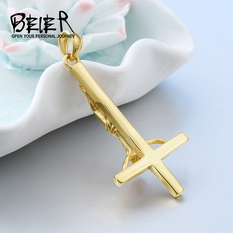 Titanium steel inverted cross pendant, men's personalized necklace pendant