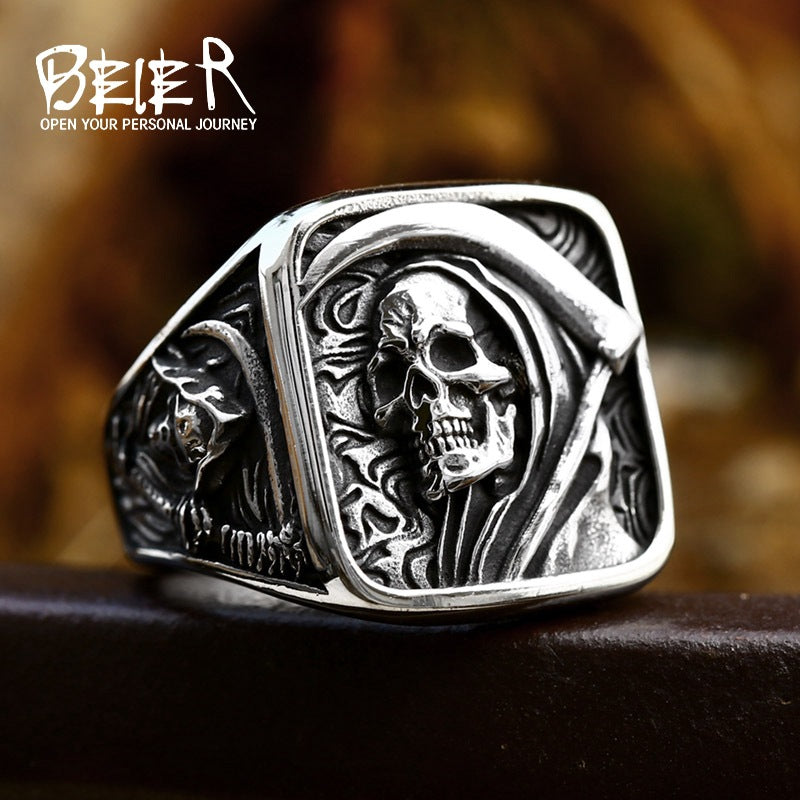 New Stainless Steel Men's Ring, European and American Punk Hip-hop Death Skull Ring