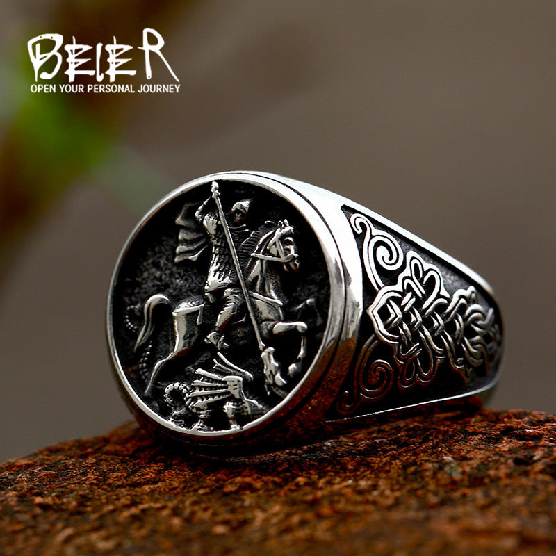 New stainless steel equestrian ring/bracelet with Nordic Viking Celtic knot and titanium steel band.