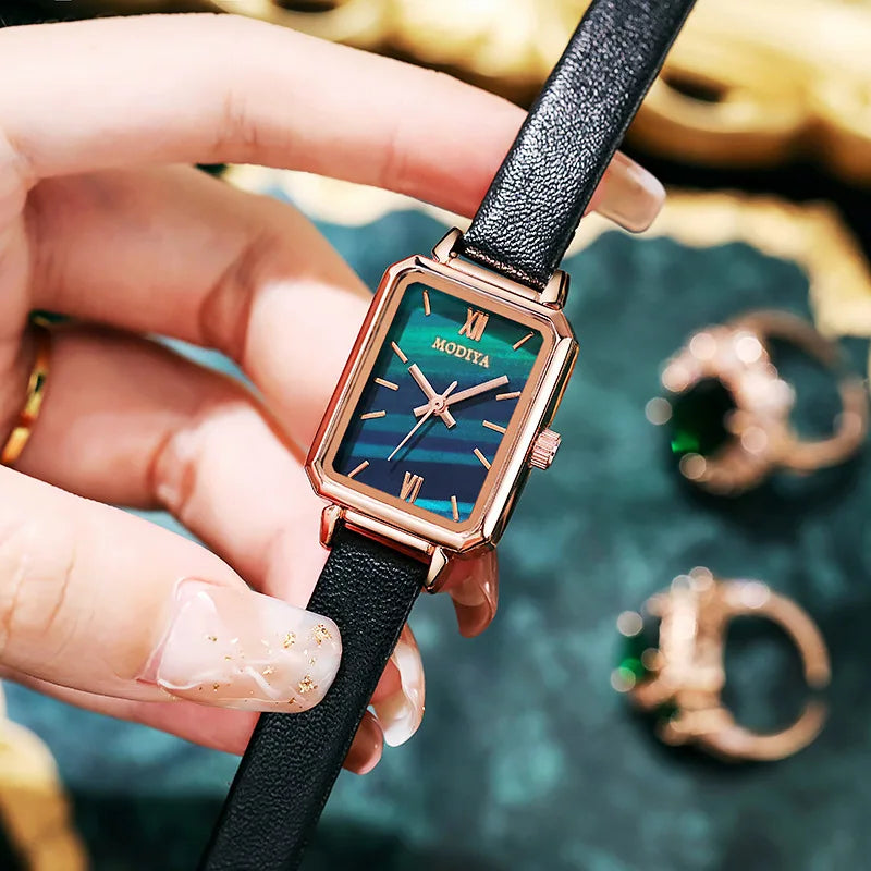 Women Wristwatches Square Wrist Watches Green Leather Fashion Wristwatch Luxury Female Quartz Clock Watch for Women Montre Femme