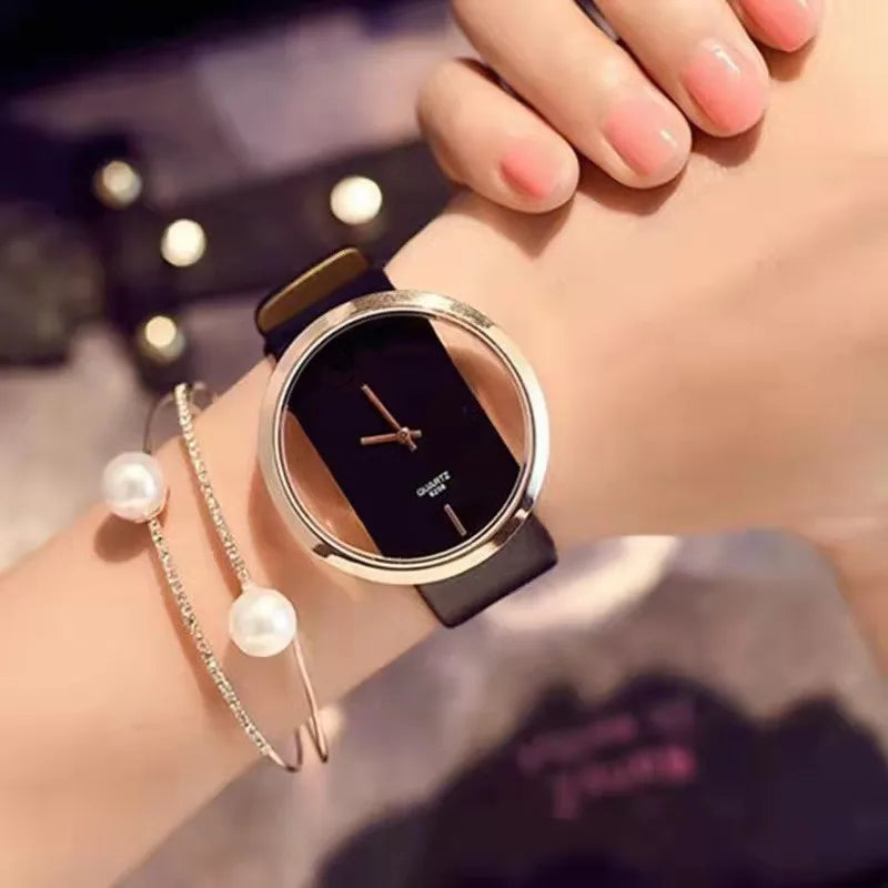 Transparent Quartz Hollow Dial Women Watches Classic White Balck Leather Hour Wristwatch Best Sell Relogio Feminino Ladies Saati
