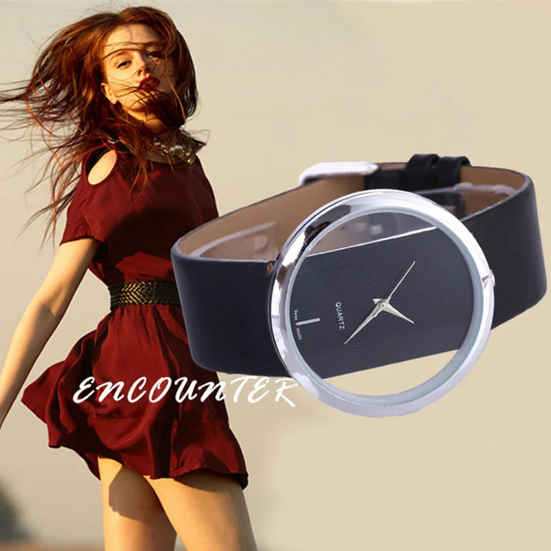 Transparent Quartz Hollow Dial Women Watches Classic White Balck Leather Hour Wristwatch Best Sell Relogio Feminino Ladies Saati