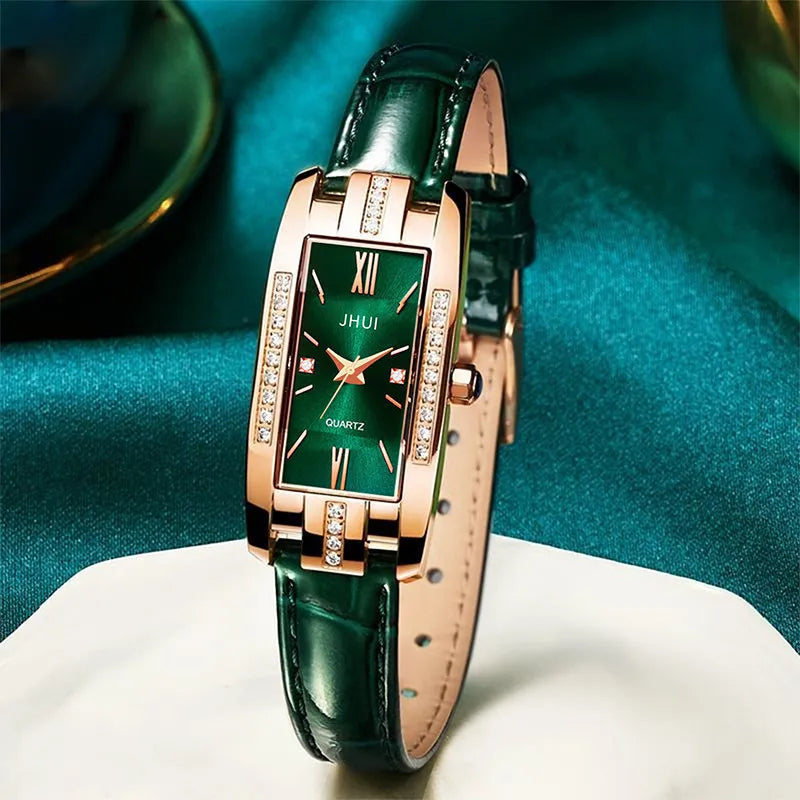 Exquisite New Women Watch Unique Design Rectangular Dial Crystal Quartz Watches Ladies Leather Straps Clock Reloj MujerSaati