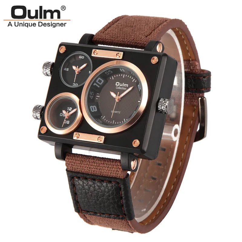 Men Quartz Watches Sport Oulm Japan Double Movement Square Dial Compass Function Military Cool Stylish Wristwatch Masculino Relj