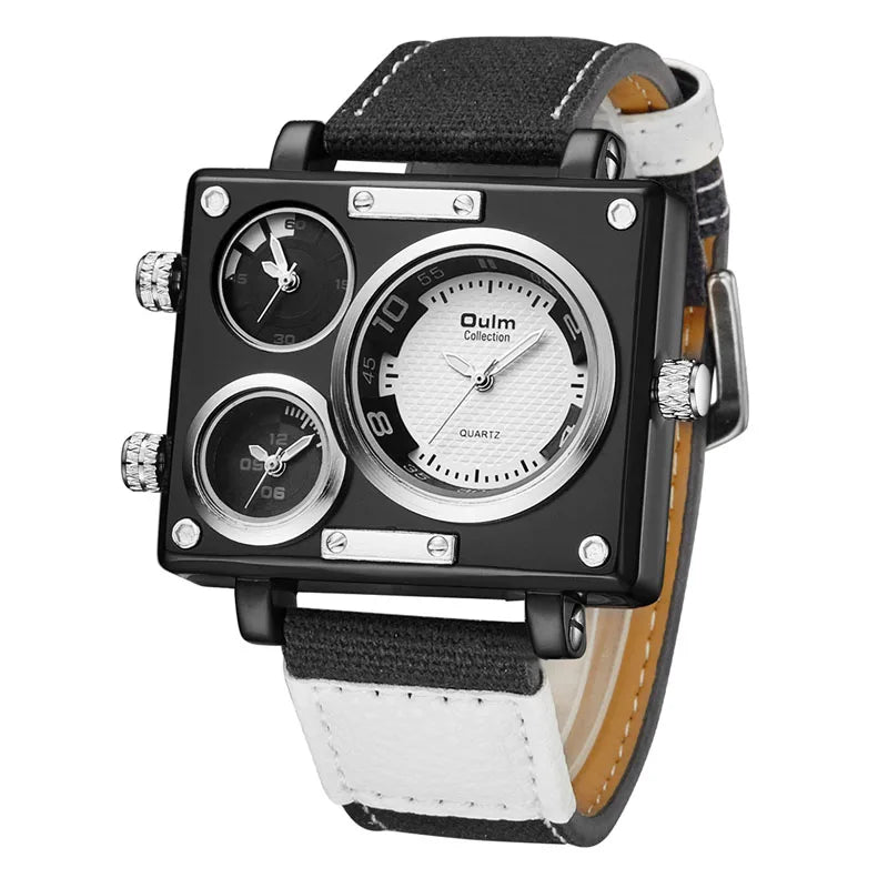 Men Quartz Watches Sport Oulm Japan Double Movement Square Dial Compass Function Military Cool Stylish Wristwatch Masculino Relj