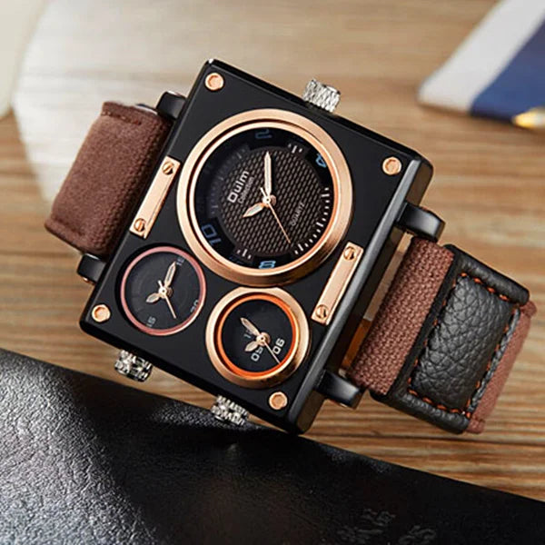 Men Quartz Watches Sport Oulm Japan Double Movement Square Dial Compass Function Military Cool Stylish Wristwatch Masculino Relj