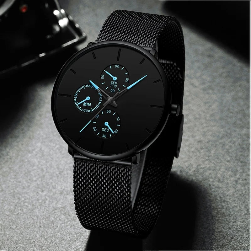 Luxury Cool Black Men Watch Mesh Band Steel Watches Classic 3 Eyes Wristwatches Elegant Clock Gift Relogio Masculino Relojes