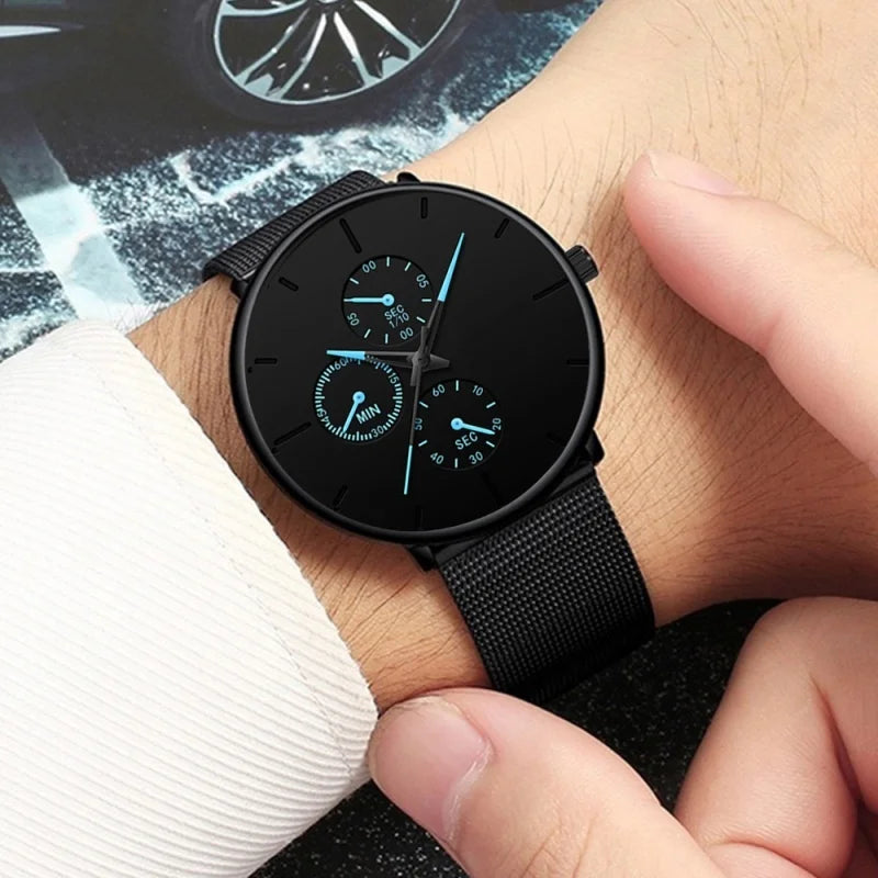 Luxury Cool Black Men Watch Mesh Band Steel Watches Classic 3 Eyes Wristwatches Elegant Clock Gift Relogio Masculino Relojes
