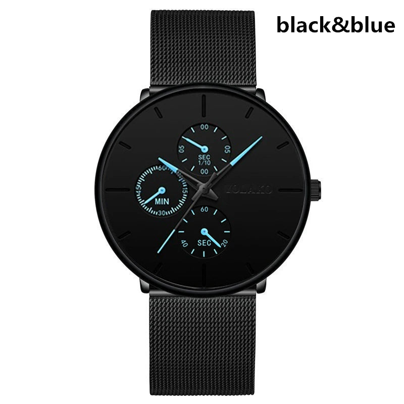 Luxury Cool Black Men Watch Mesh Band Steel Watches Classic 3 Eyes Wristwatches Elegant Clock Gift Relogio Masculino Relojes