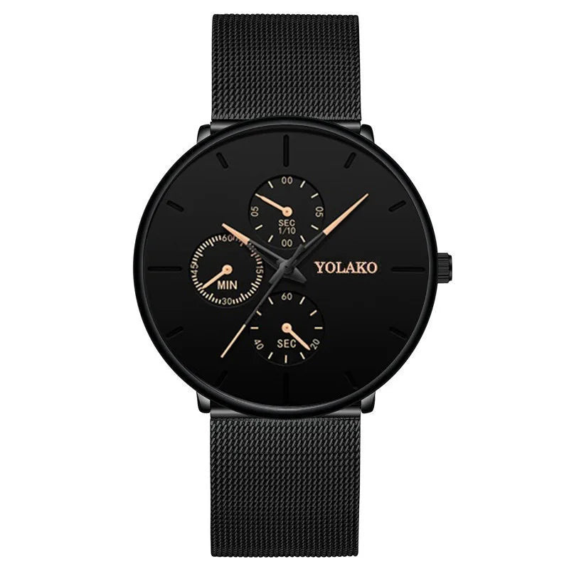 Luxury Cool Black Men Watch Mesh Band Steel Watches Classic 3 Eyes Wristwatches Elegant Clock Gift Relogio Masculino Relojes