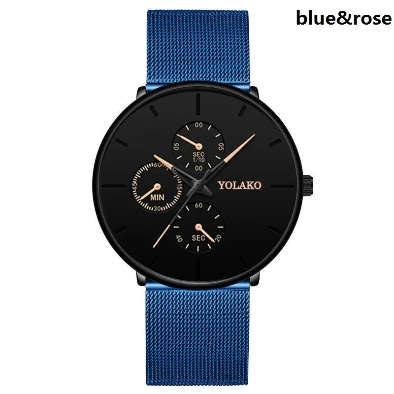 Luxury Cool Black Men Watch Mesh Band Steel Watches Classic 3 Eyes Wristwatches Elegant Clock Gift Relogio Masculino Relojes