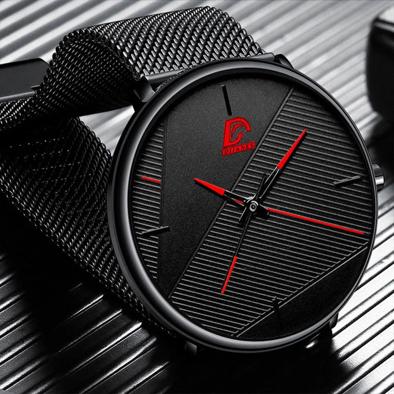 Fashion Trendy Watch Men Business Measuring Cool Black Stainless Steel Mesh Band Quartz Wristwatch Male Clock Relogio Masculino