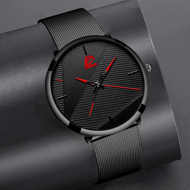 Fashion Trendy Watch Men Business Measuring Cool Black Stainless Steel Mesh Band Quartz Wristwatch Male Clock Relogio Masculino