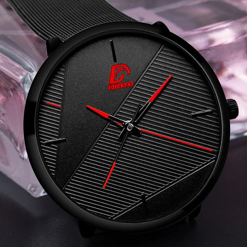 Fashion Trendy Watch Men Business Measuring Cool Black Stainless Steel Mesh Band Quartz Wristwatch Male Clock Relogio Masculino