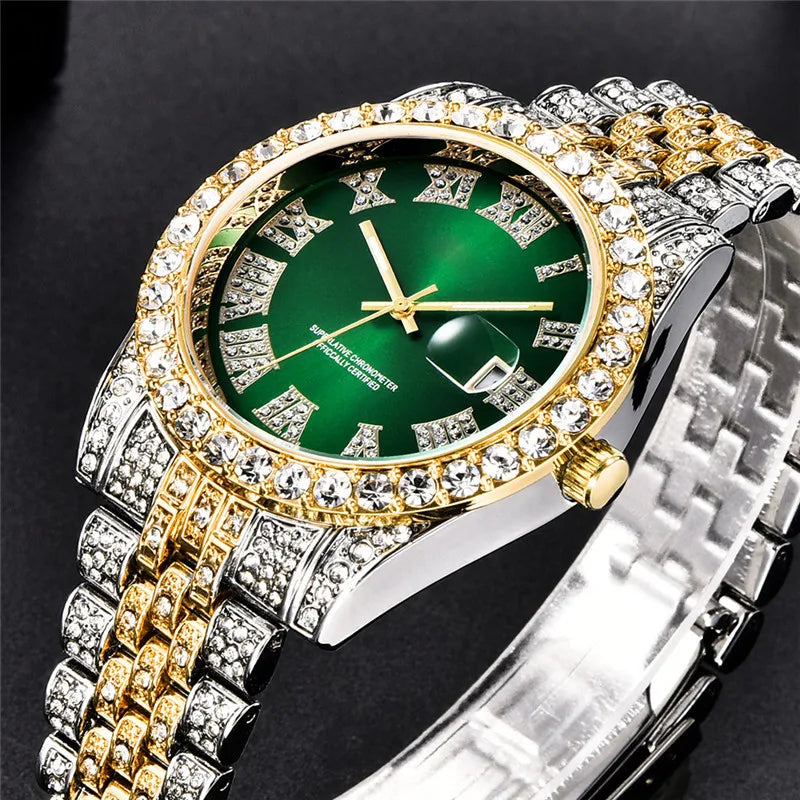 Luxury Rhinestone Mens Watch Fashion Quartz Watches Stainless Steel Band Wristwatch for Man Stylish Male Clock relogio masculino