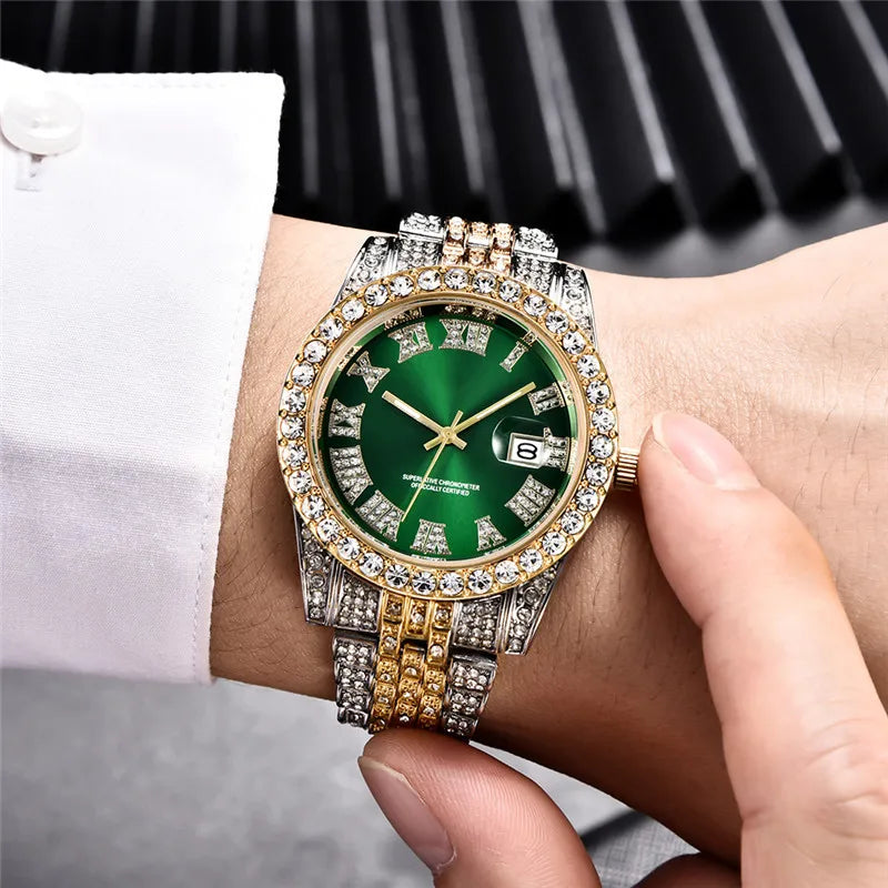 Luxury Rhinestone Mens Watch Fashion Quartz Watches Stainless Steel Band Wristwatch for Man Stylish Male Clock relogio masculino