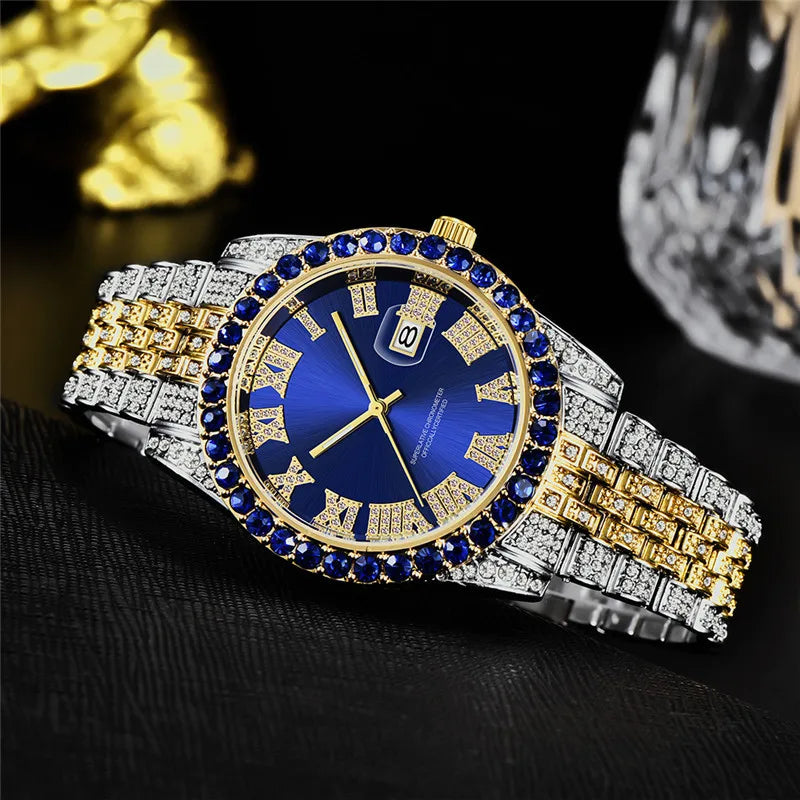 Luxury Rhinestone Mens Watch Fashion Quartz Watches Stainless Steel Band Wristwatch for Man Stylish Male Clock relogio masculino