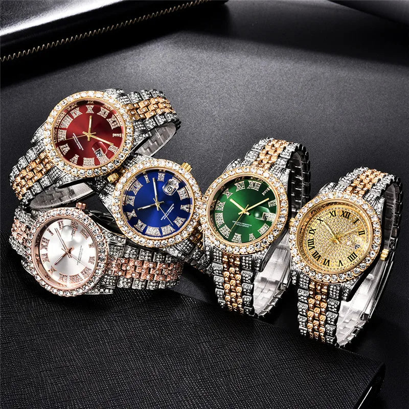 Luxury Rhinestone Mens Watch Fashion Quartz Watches Stainless Steel Band Wristwatch for Man Stylish Male Clock relogio masculino