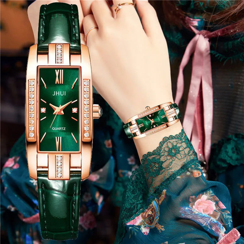2021 New Luxury Women Watch Unique Design Rectangular Dial Crystal Quartz Watches Ladies Leather Straps Clock reloj mujer saati
