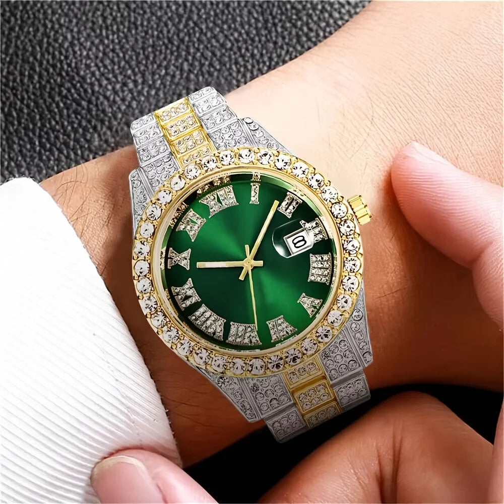 Luxury Men's Steel Strap Hip Hop Roman Scale Rhinestone Calendar Quartz Watch Fashion Male Wristwatch Relogio Masculino