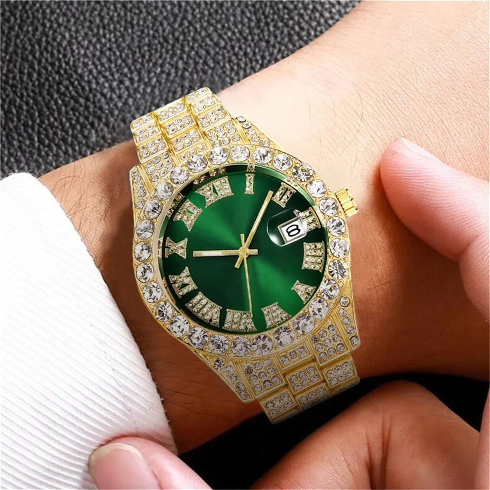 Luxury Fashion Mens Watch Crystal Trendy Shine New Busines Quartz Wristwatch Leisure Stainless Relogio Masculino Clock Saati