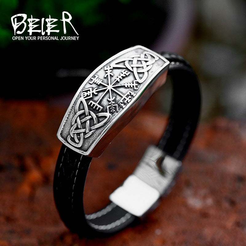 New Stainless Viking Rune Bracelet, European and American Fashion Retro Men's Leather Bracelet Jewelry