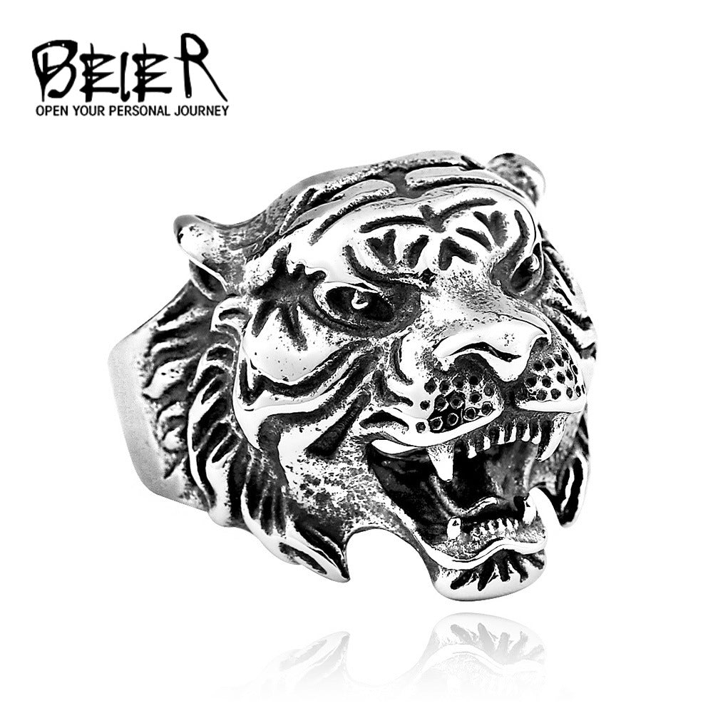 Stainless steel retro men's ring, European and American personalized tiger head titanium steel ring