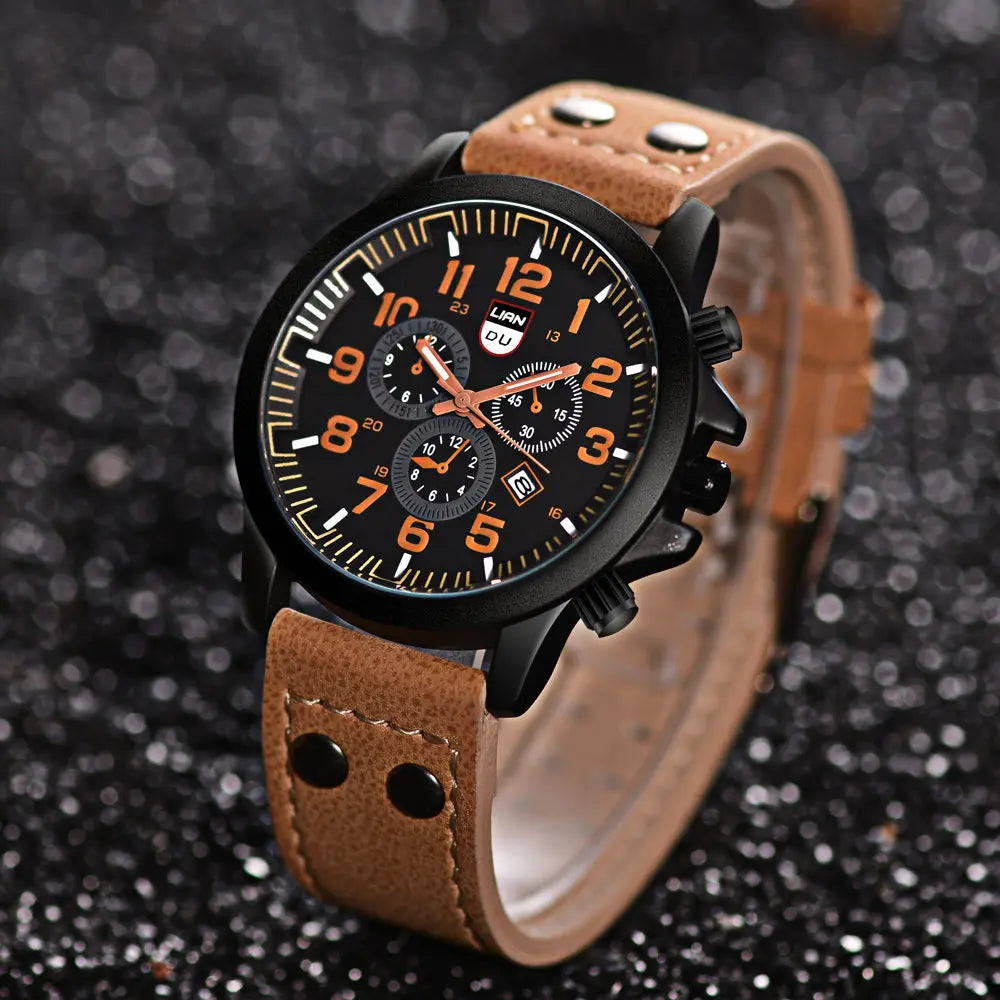 Men QuartzLeather Strap Watch LianDu Sports Casual Wristwatch Masculino Relogio Fashion Male Calendar Clock Out-door Relogio