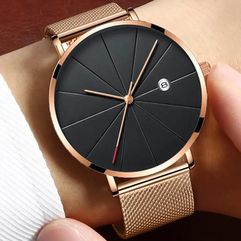 Classic Fashion Stainless Steel Quartz Wristwatches Ultra-thin Men's Gift Clock Date Casual Mesh Belt Wristwatch Best Gift