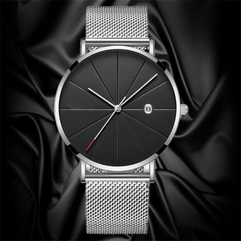 Classic Fashion Stainless Steel Quartz Wristwatches Ultra-thin Men's Gift Clock Date Casual Mesh Belt Wristwatch Best Gift