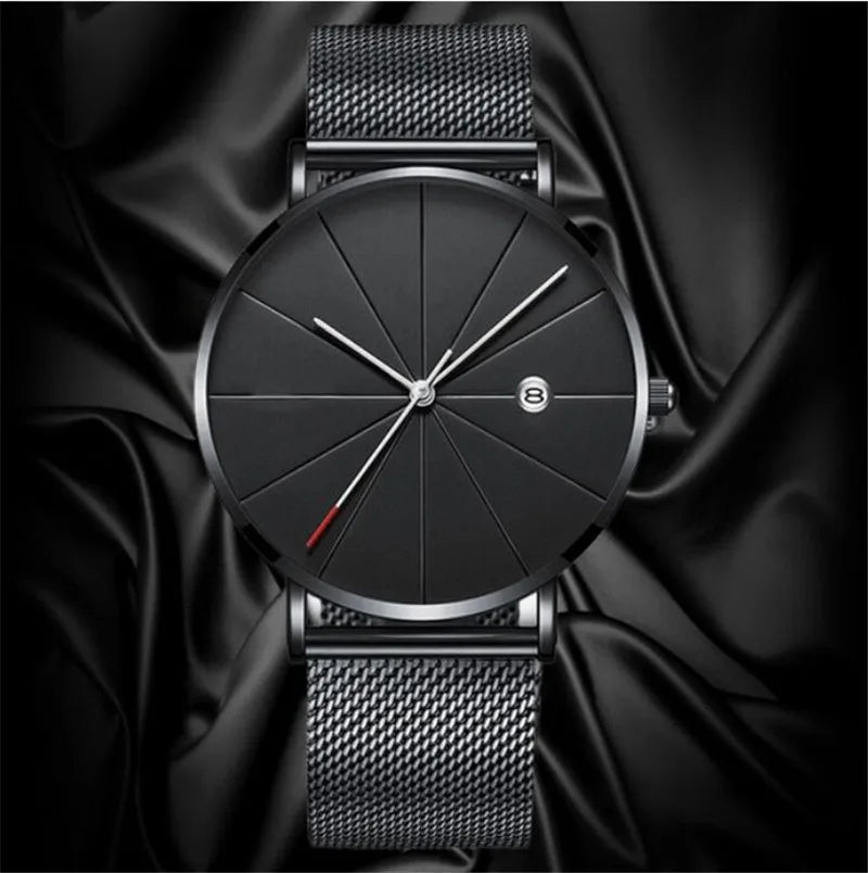 Classic Fashion Stainless Steel Quartz Wristwatches Ultra-thin Men's Gift Clock Date Casual Mesh Belt Wristwatch Best Gift
