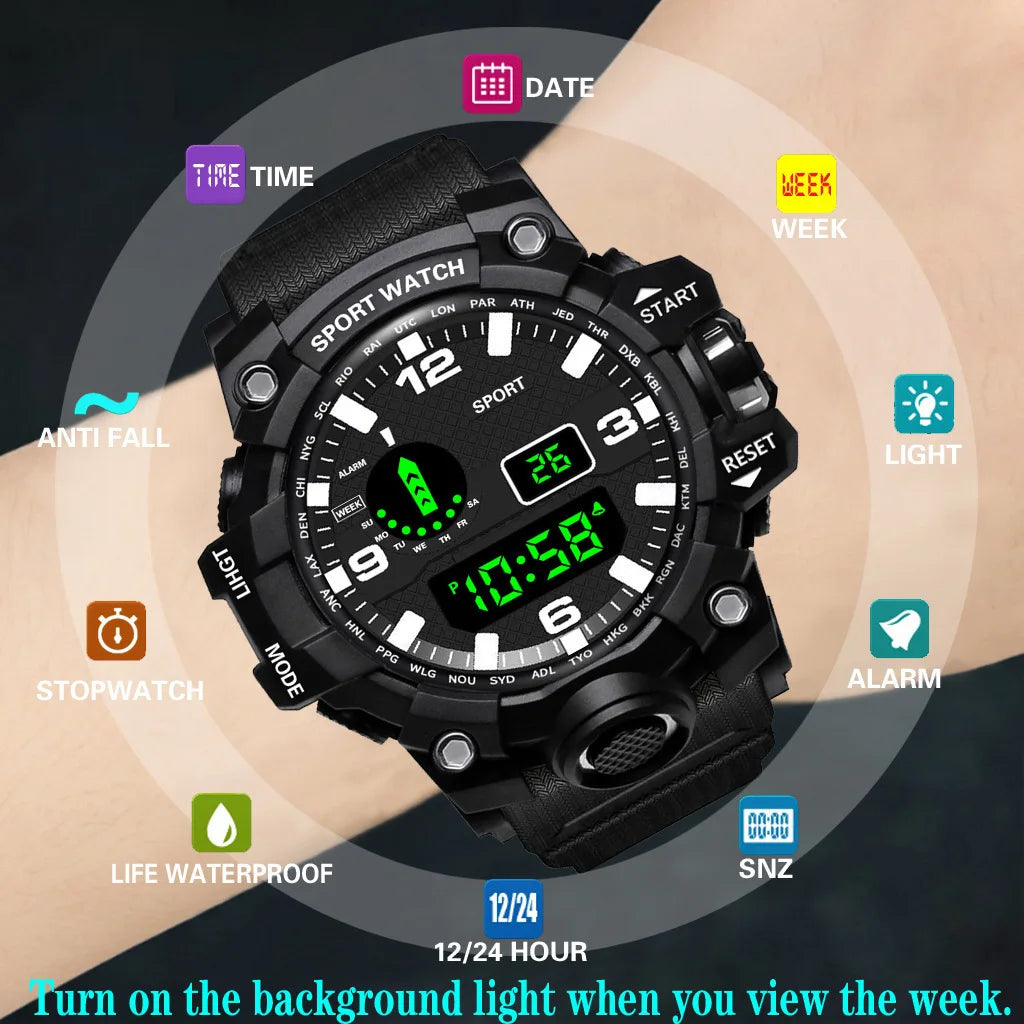 Sports LED Watch Men Children Young Out door Clock Vibration Digital Military Watches Men's Fashion Male Wristwatch Masculino
