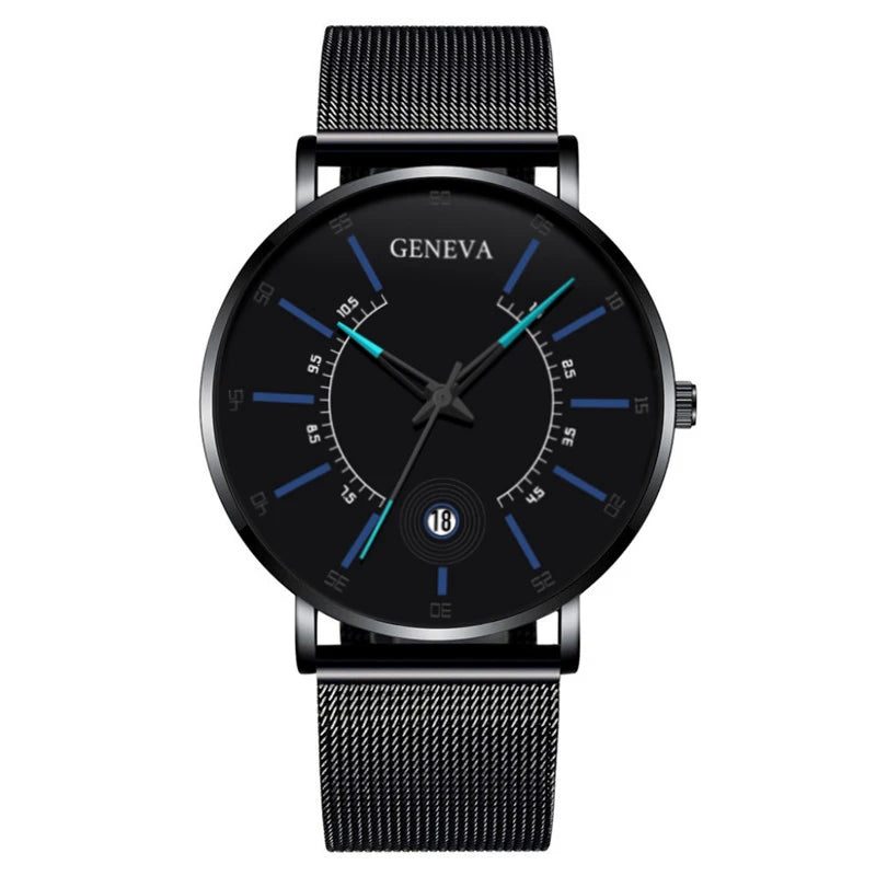 Geneva Black Fashion Watch Men Business Measuring Cool Calendar Steel Mesh Band Quartz Wristwatch Male Clock Relogio Masculino
