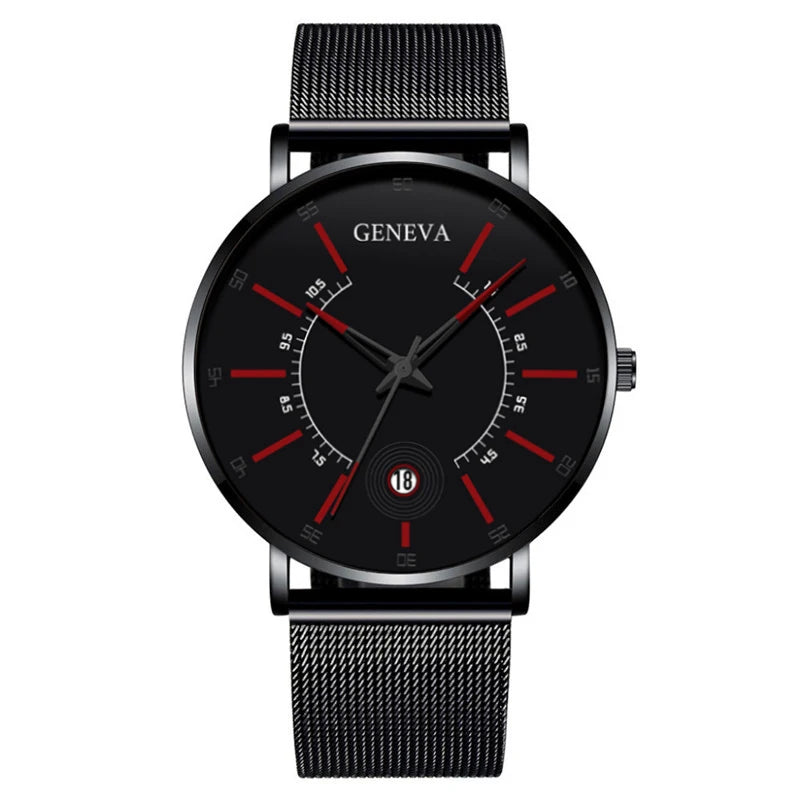 Geneva Black Fashion Watch Men Business Measuring Cool Calendar Steel Mesh Band Quartz Wristwatch Male Clock Relogio Masculino
