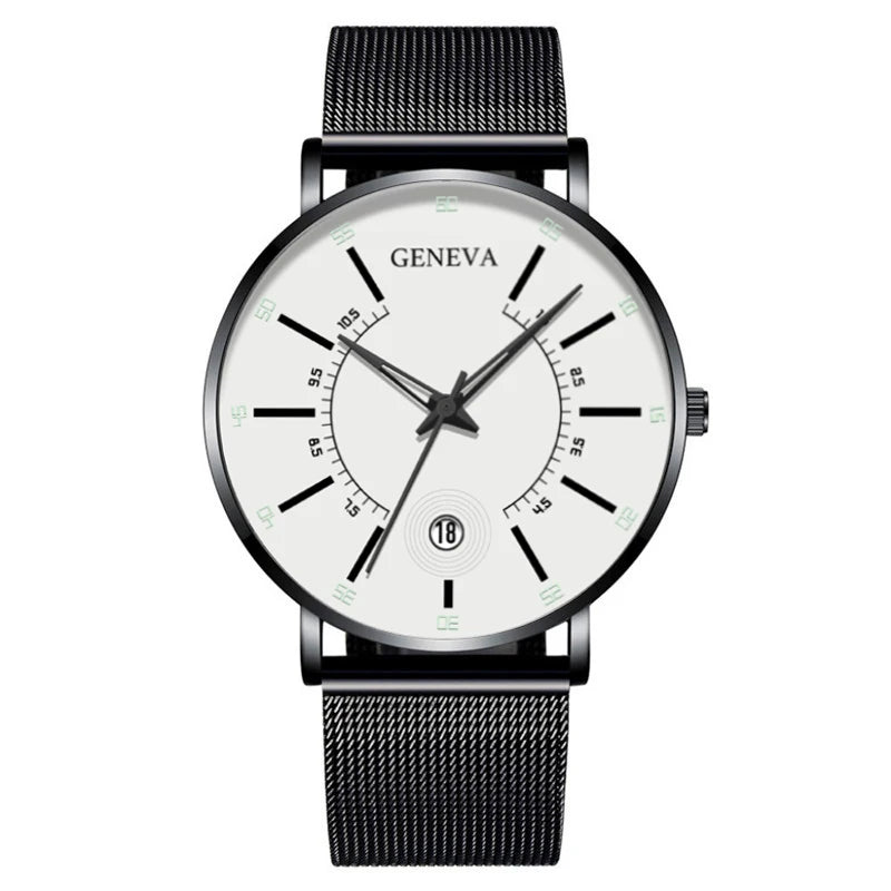 Geneva Black Fashion Watch Men Business Measuring Cool Calendar Steel Mesh Band Quartz Wristwatch Male Clock Relogio Masculino