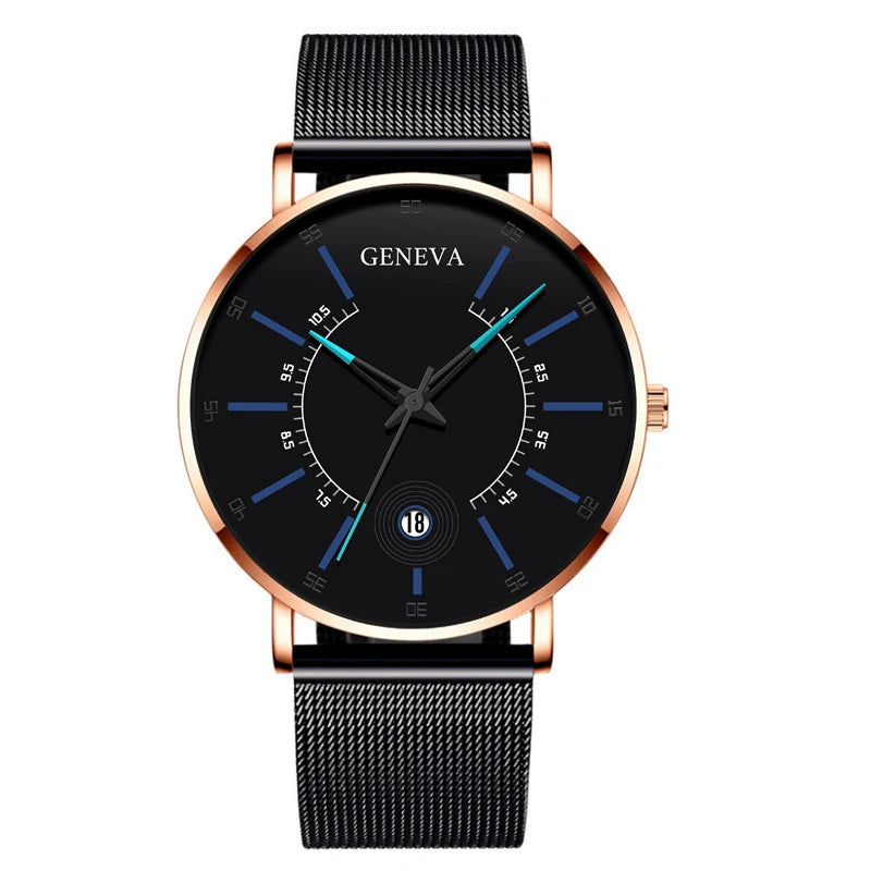 Geneva Black Fashion Watch Men Business Measuring Cool Calendar Steel Mesh Band Quartz Wristwatch Male Clock Relogio Masculino