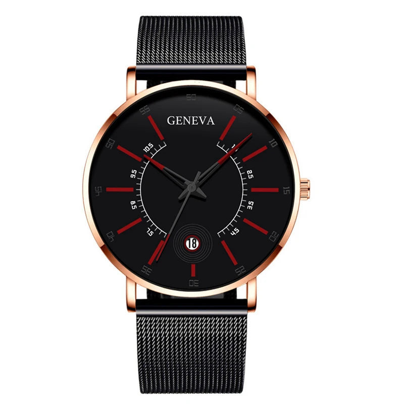 Geneva Black Fashion Watch Men Business Measuring Cool Calendar Steel Mesh Band Quartz Wristwatch Male Clock Relogio Masculino